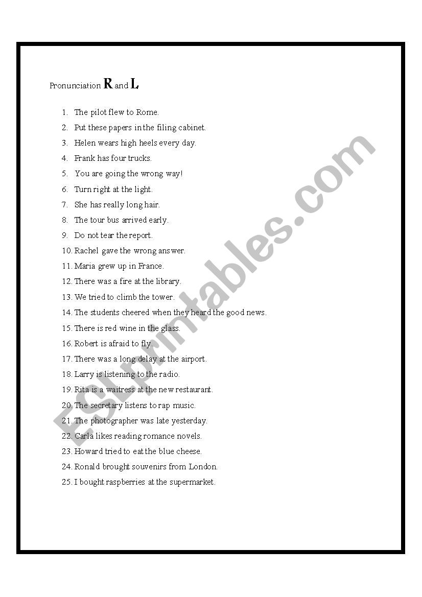 PRONUNCIATION R and L worksheet