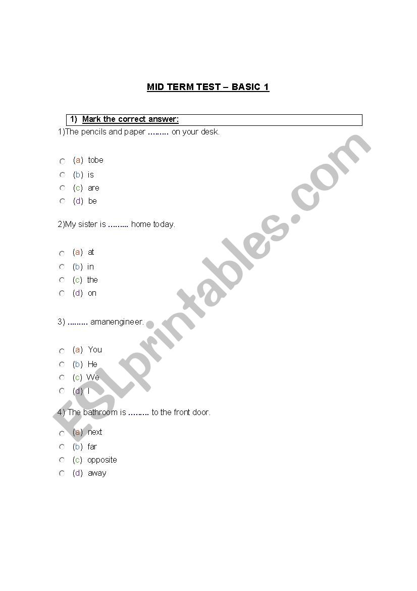 TEST FOR BASIC LEVES worksheet
