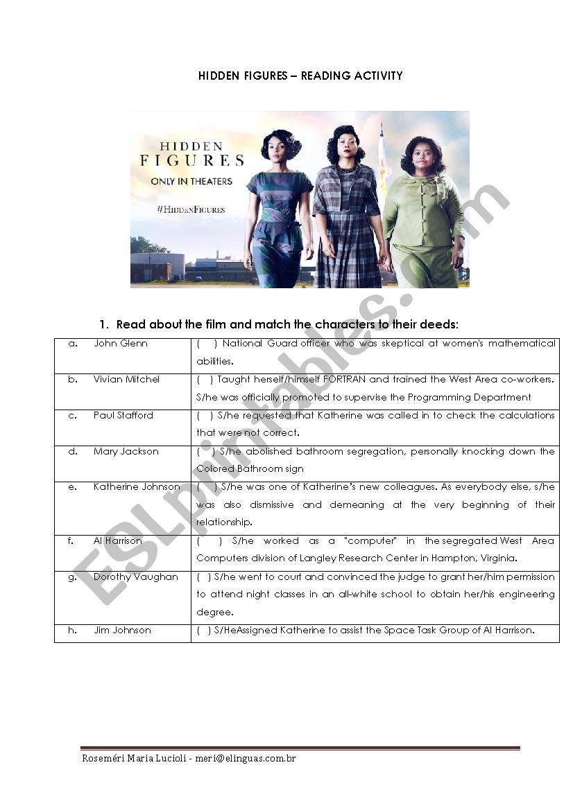 Hidden Figures Reading Activity ESL Worksheet By Meri2015