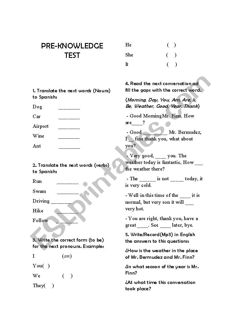 English Pre Knowledge Test worksheet