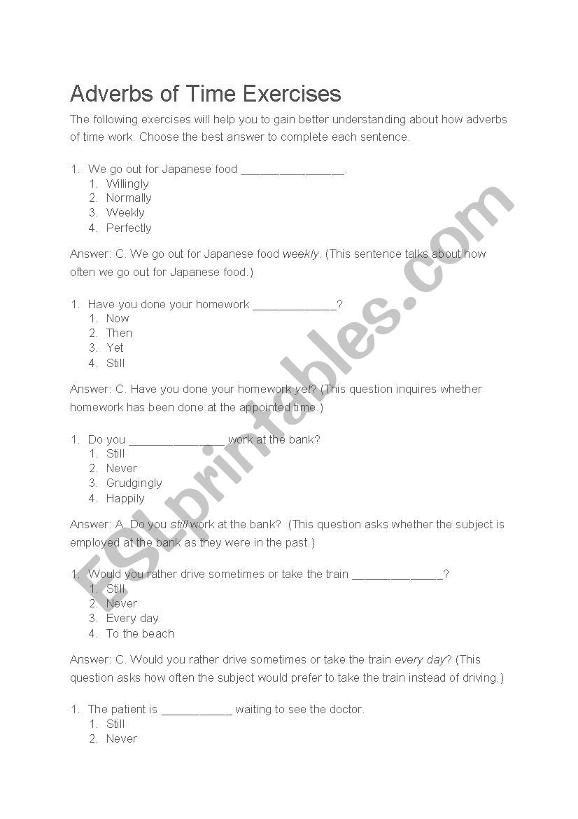 Adverbs Of Time Exercises ESL Worksheet By Suzieq01