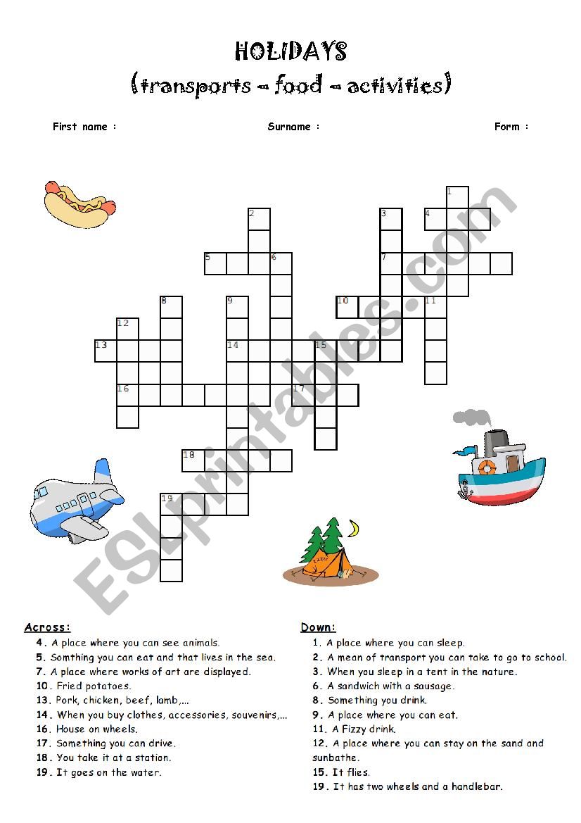 Crossword puzzle holidays worksheet