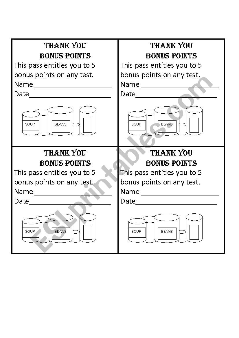 Bonus Points for can goods worksheet