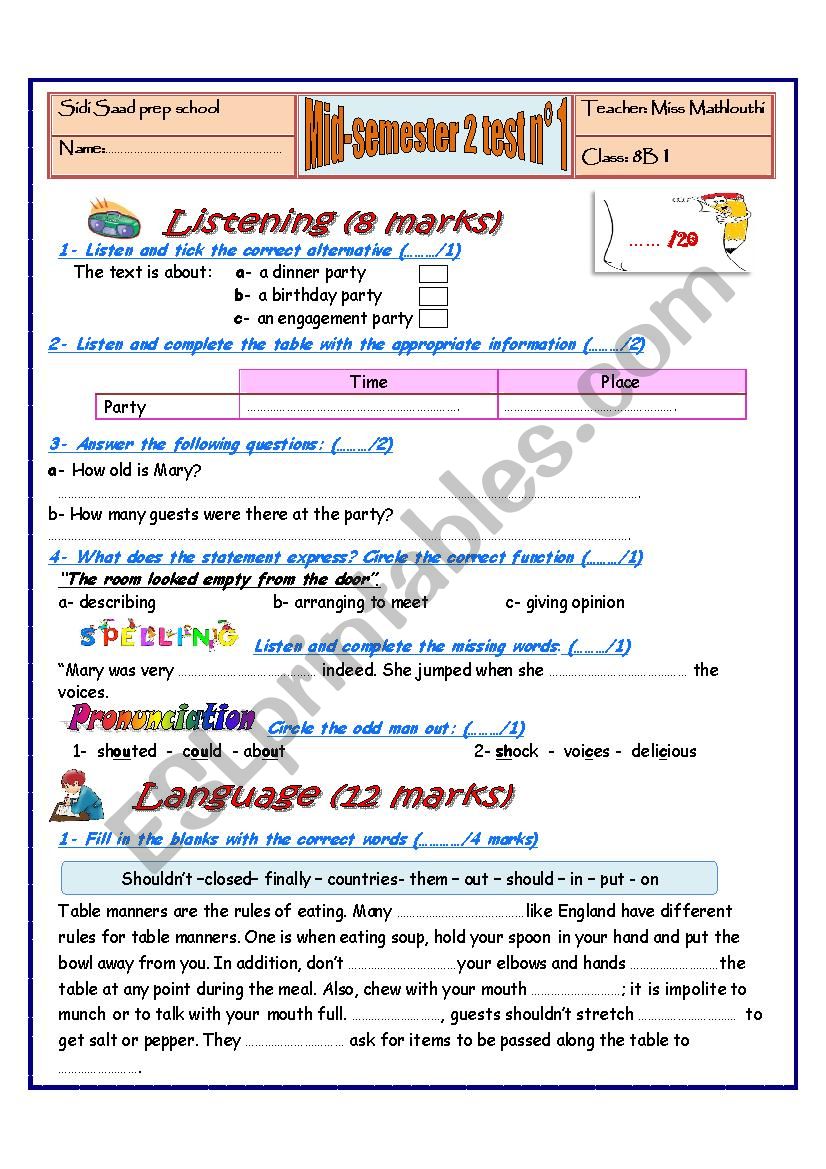 mid semester 2 test n°1 8th form 1 - ESL worksheet by lovely mimou