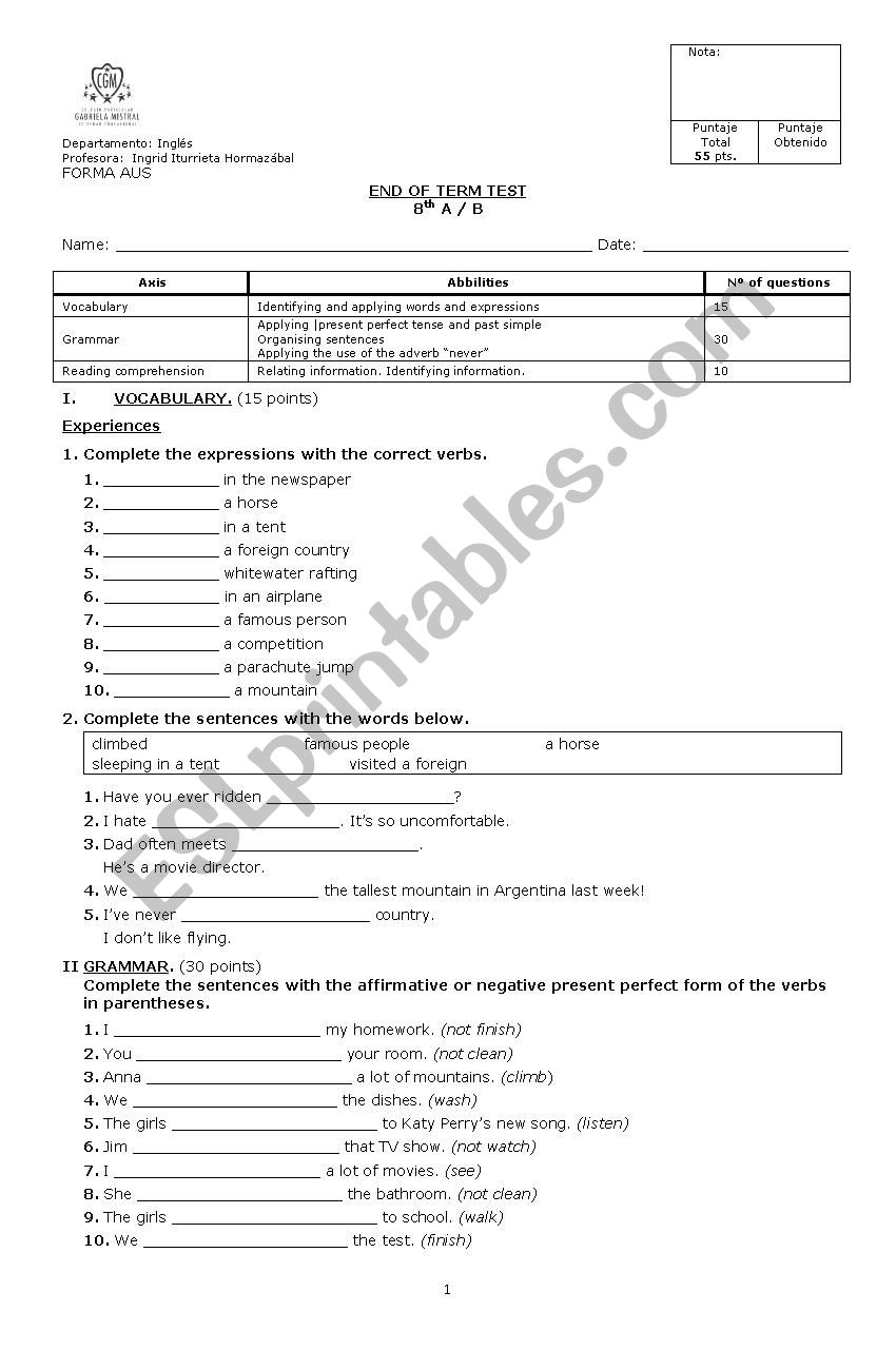 Midterm Test worksheet