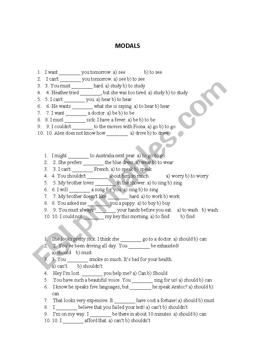 Modais worksheet