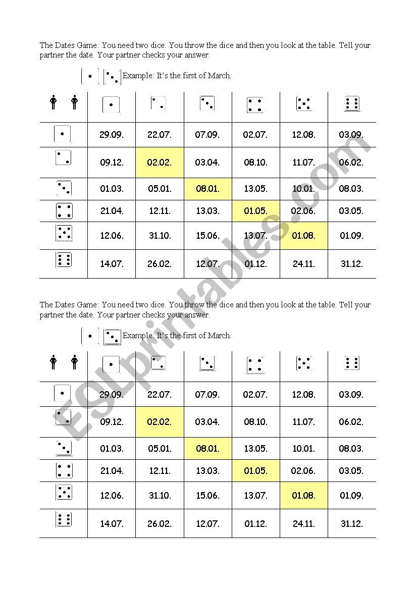 The Dates Game worksheet