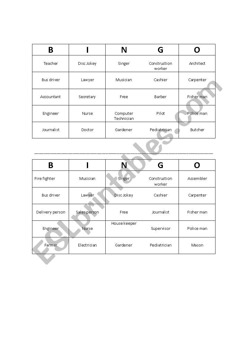 Occupations Bingo worksheet