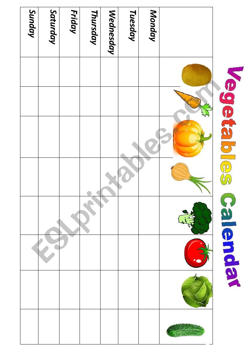 Vegetables Calendar worksheet