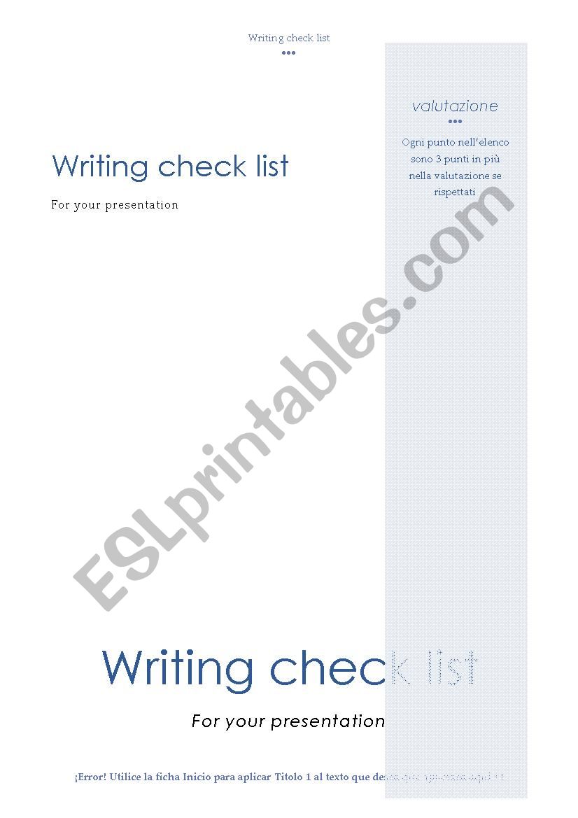 Writing check list worksheet