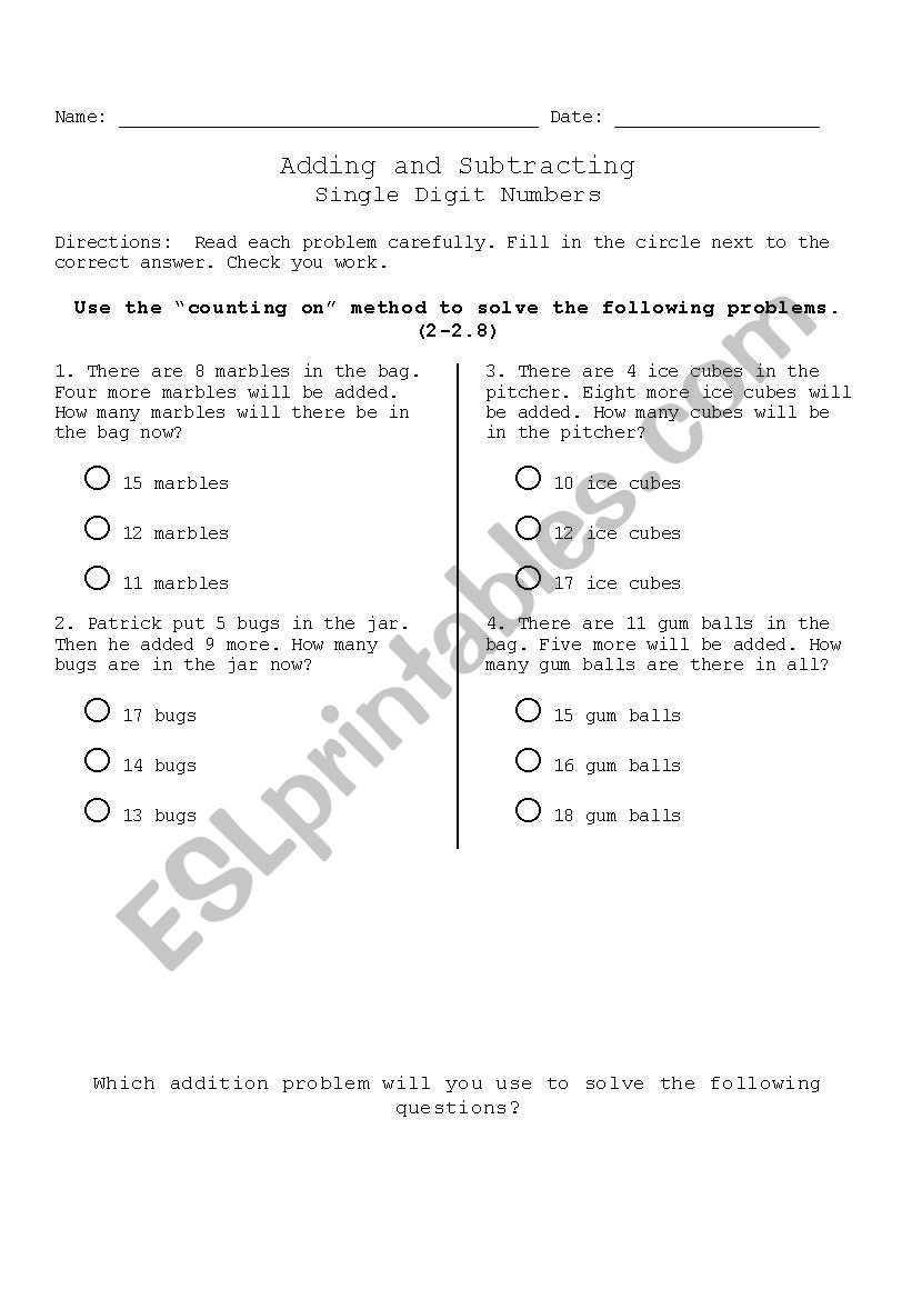 addition and subtraction test worksheet