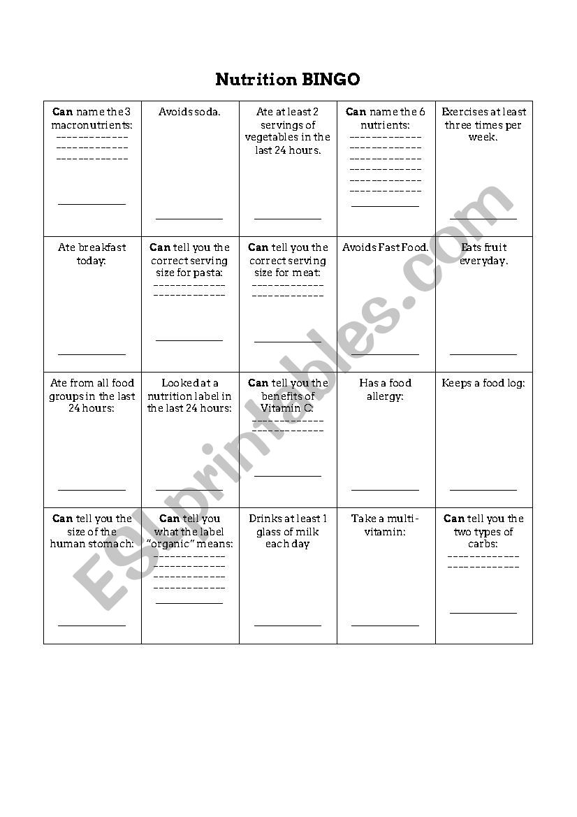 Printable Nutrition Games For Adults