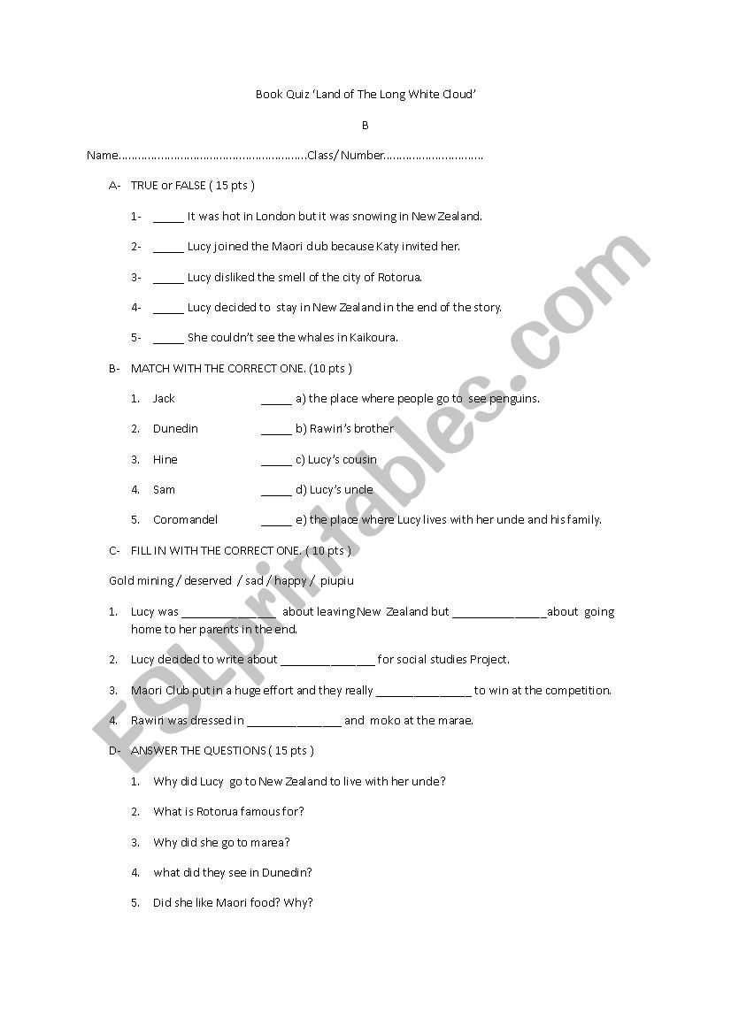 Land of the white cloud worksheet