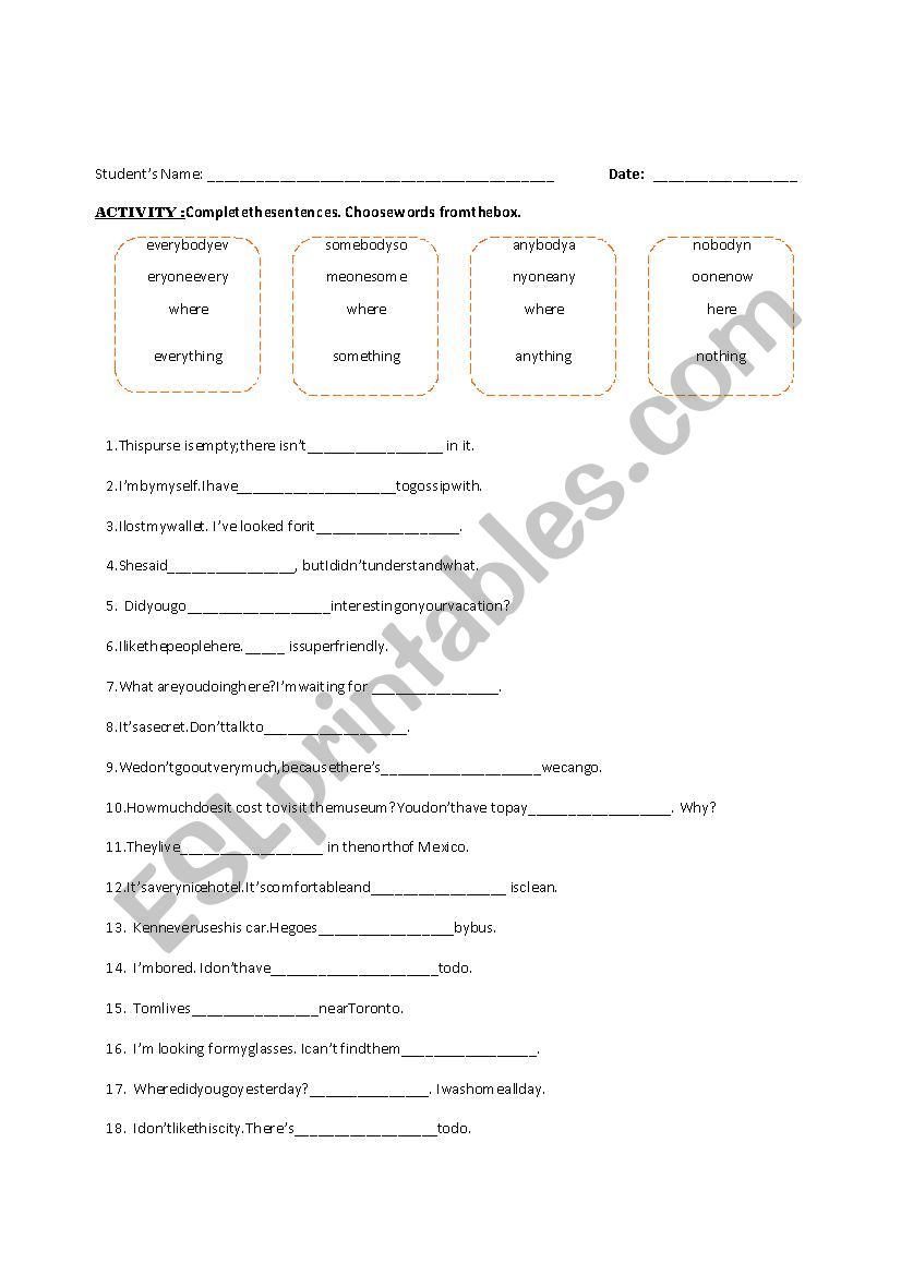 ESL INDEFINITE PRONOUNS FILLING EXERCISE