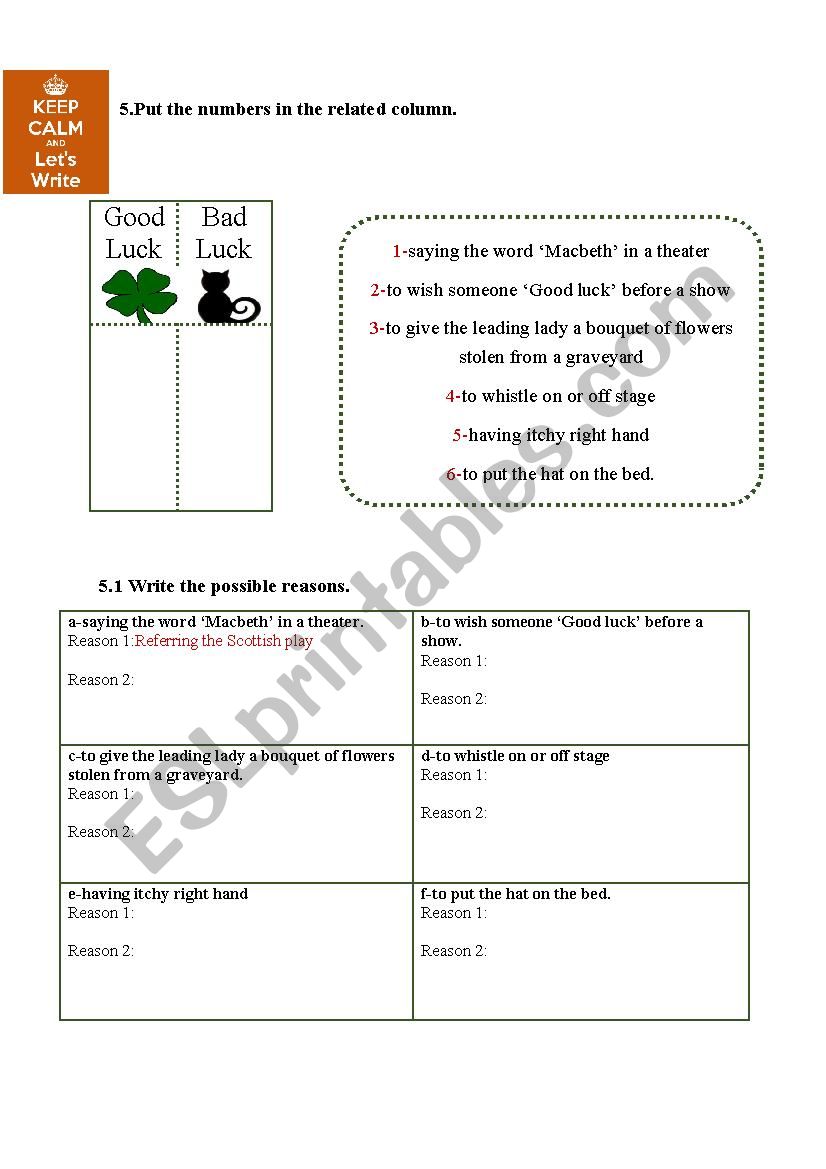 Writing activity about superstitions - ESL worksheet by elifegek