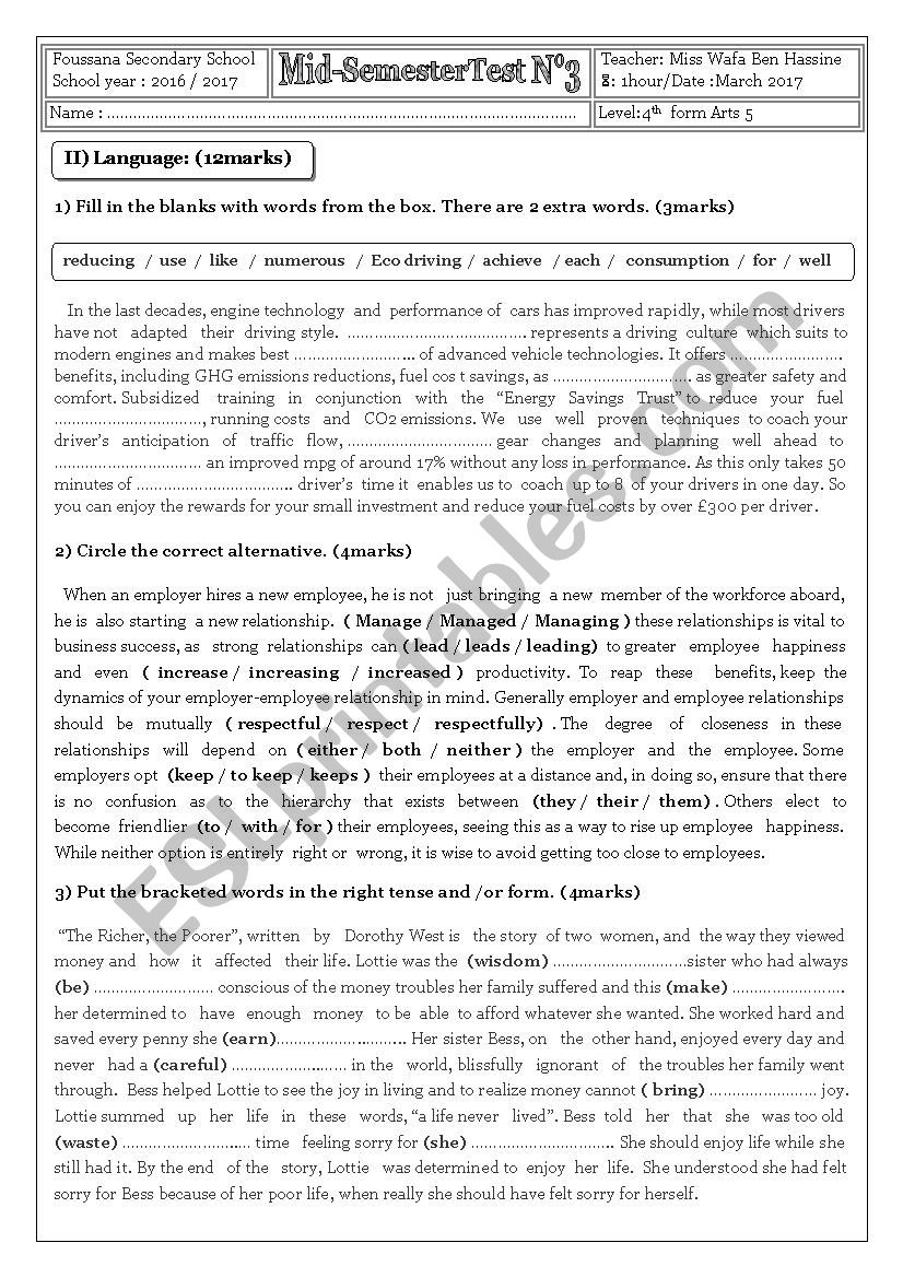 Mid-Semester Test N°3 (4TH form) - ESL worksheet by wafouta