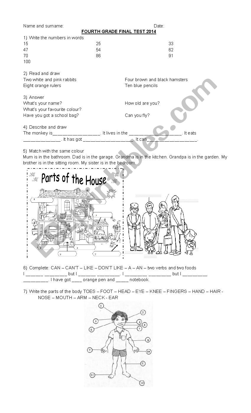 test fourth grade worksheet