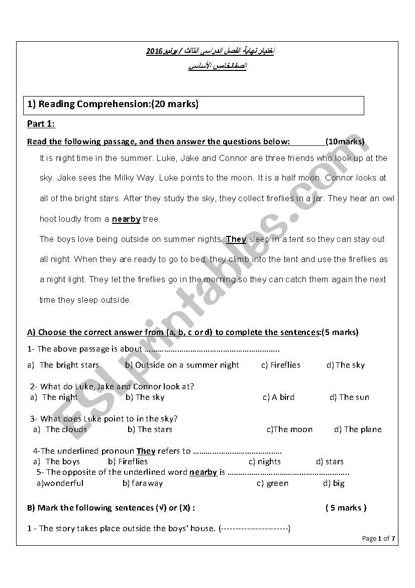 test for grade 5 worksheet