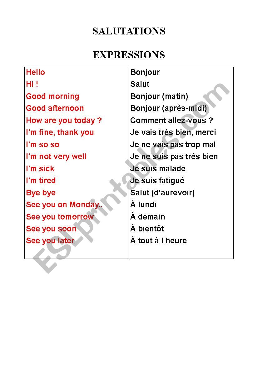 Salutations Expressions  worksheet