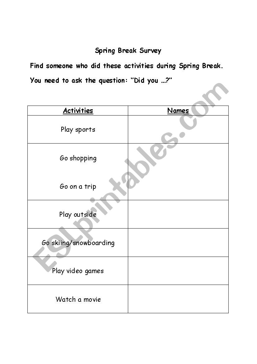 Spring Break Survey worksheet