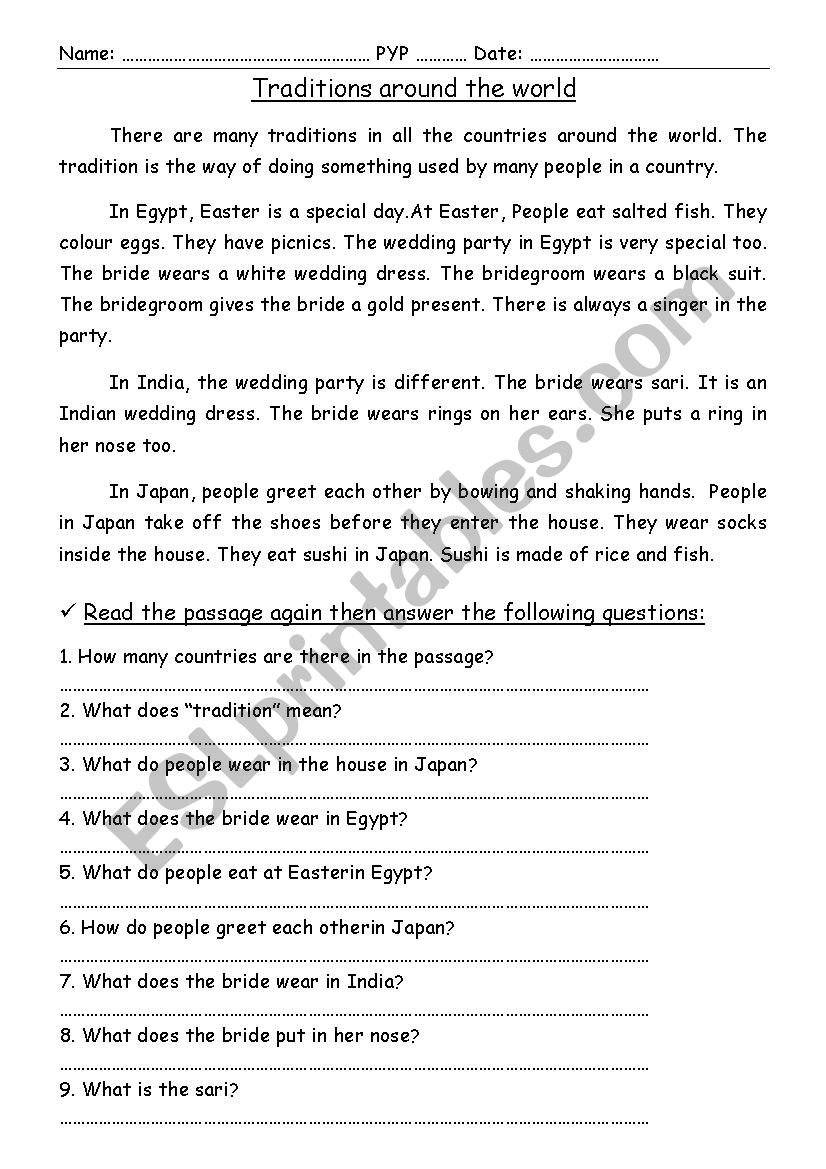 Traditions around the world. A reading comprehension passage - ESL ...