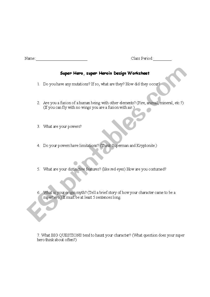 Superhero Origins worksheet