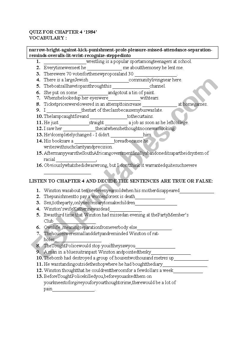 story 1984 worksheet