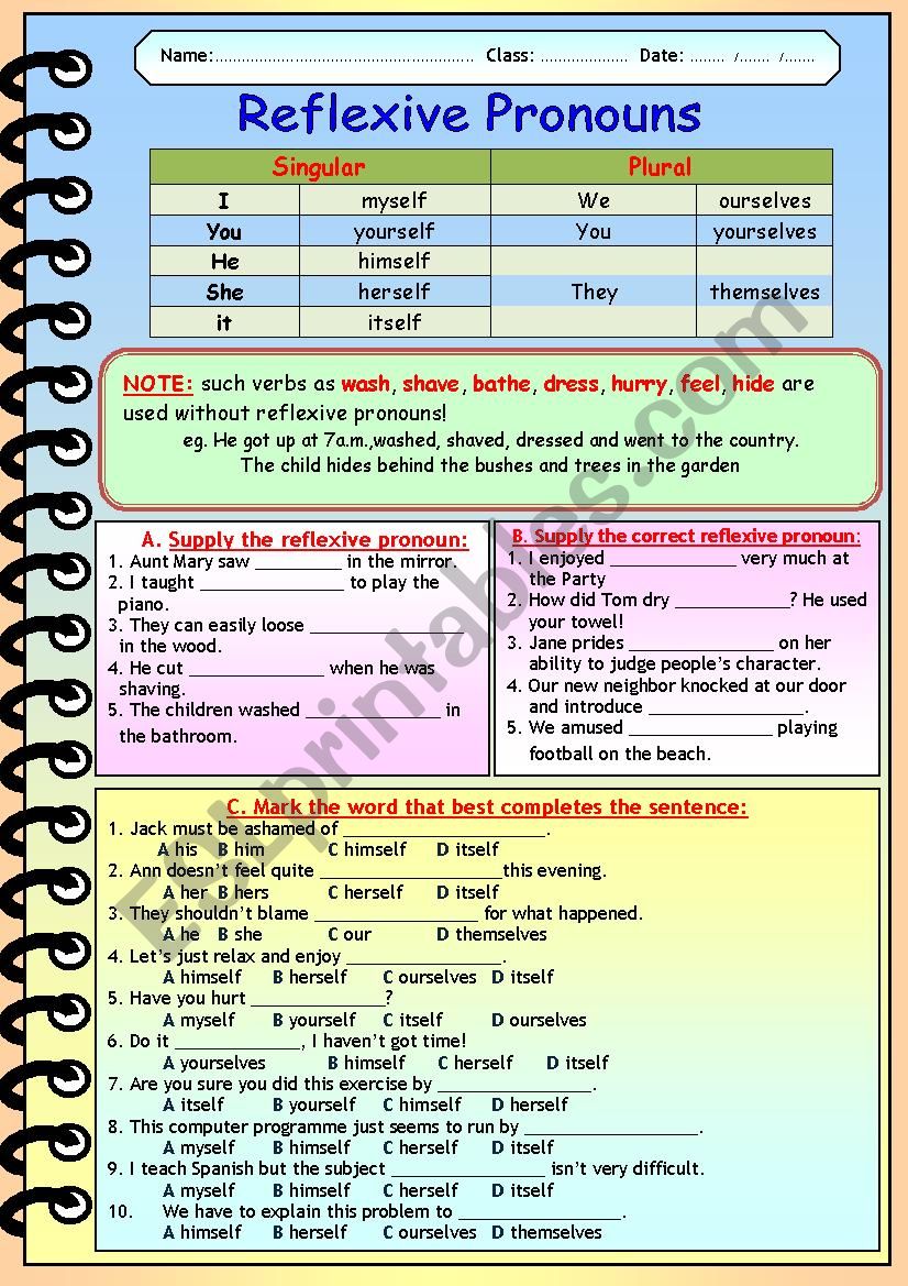 Reflexive Pronouns ESL Worksheet By Grenader157