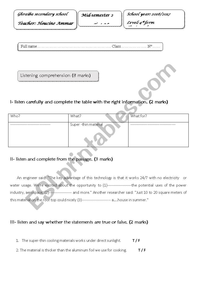 fourth form test worksheet