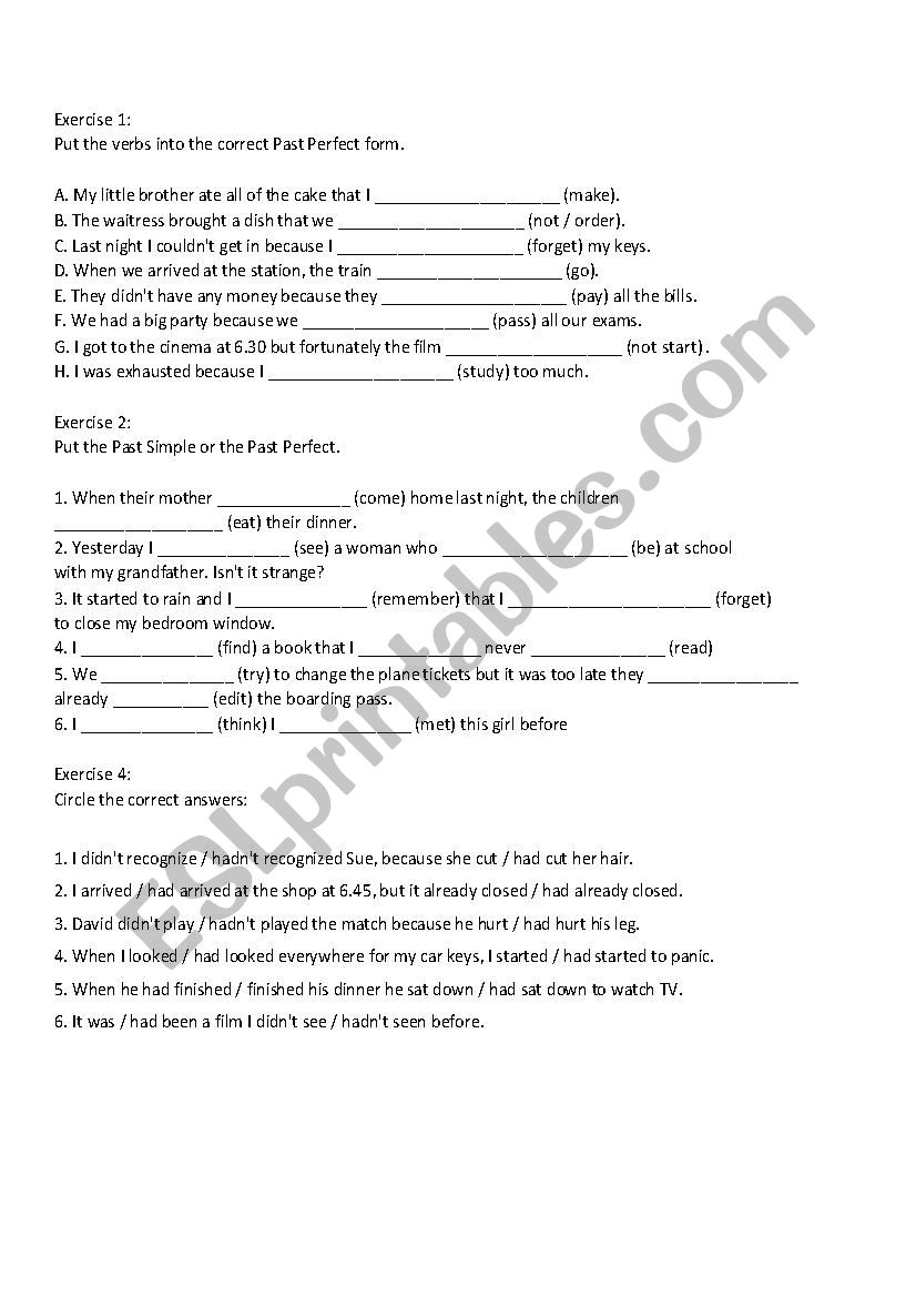 Past perfect form  worksheet