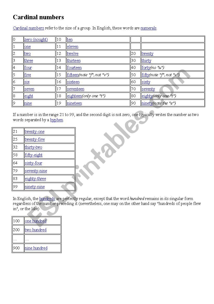 Cardinal numbers worksheet