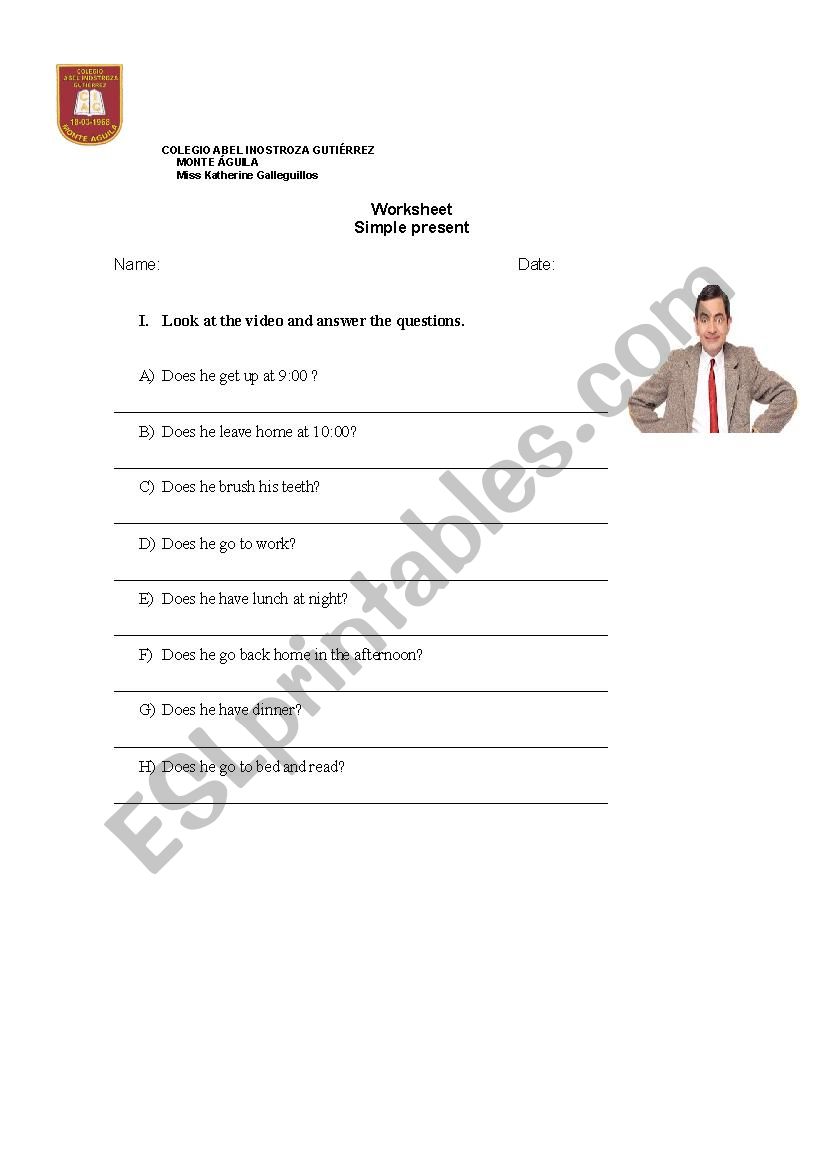 Mr bean daily routine worksheet