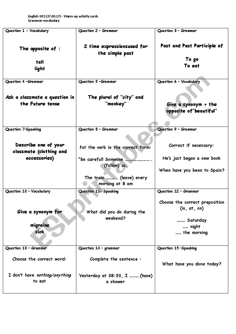 Warm up Activity For Beginners ESL Worksheet By Benedictepaolone