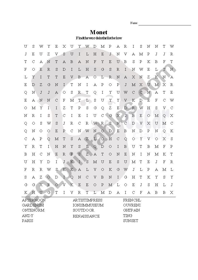 Monet Find-A-Word worksheet