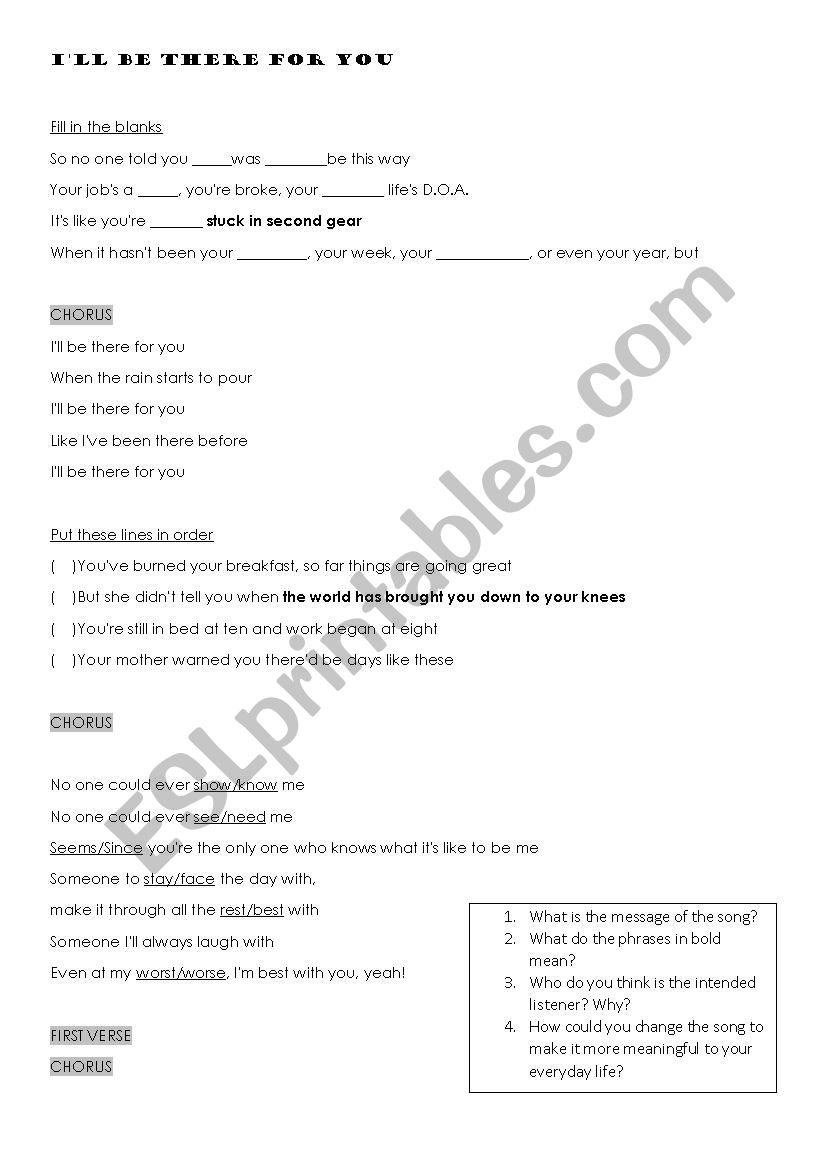 Ill be there for you worksheet