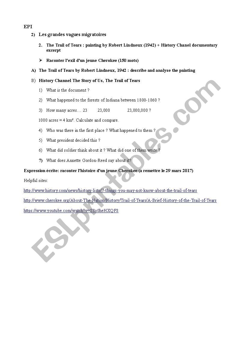 The Trail of tears worksheet