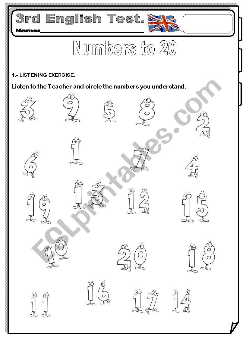 Numbers to 20 test worksheet