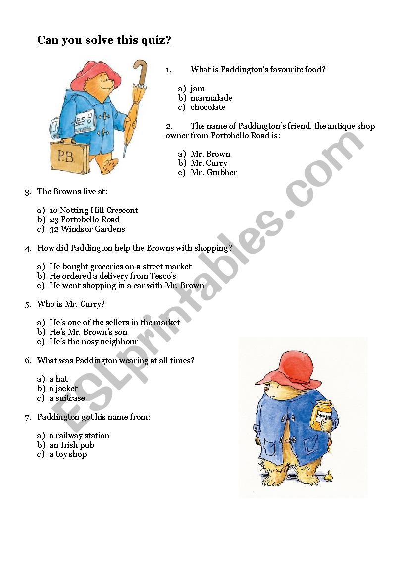 Paddington Bear worksheet