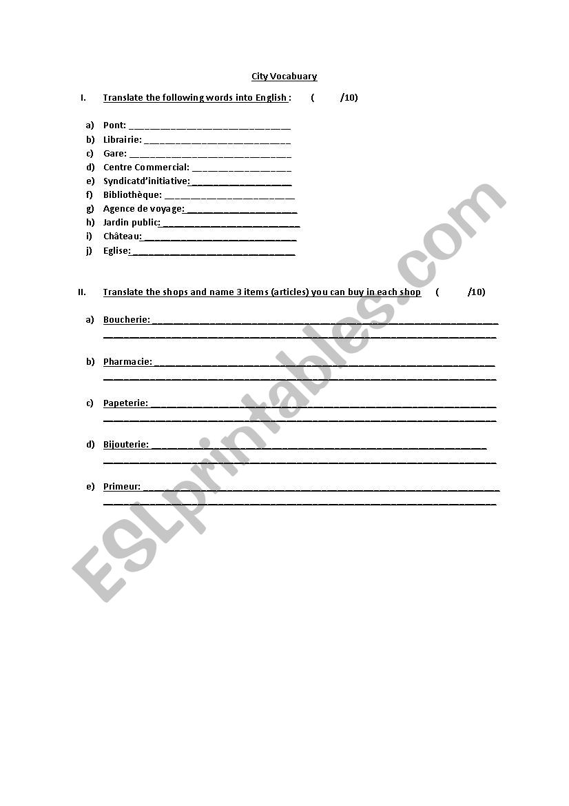 City Vocbulary test worksheet