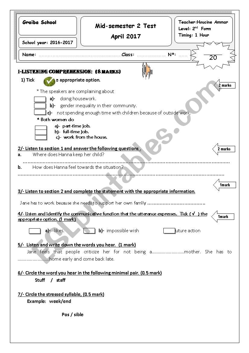 mid semester test  worksheet