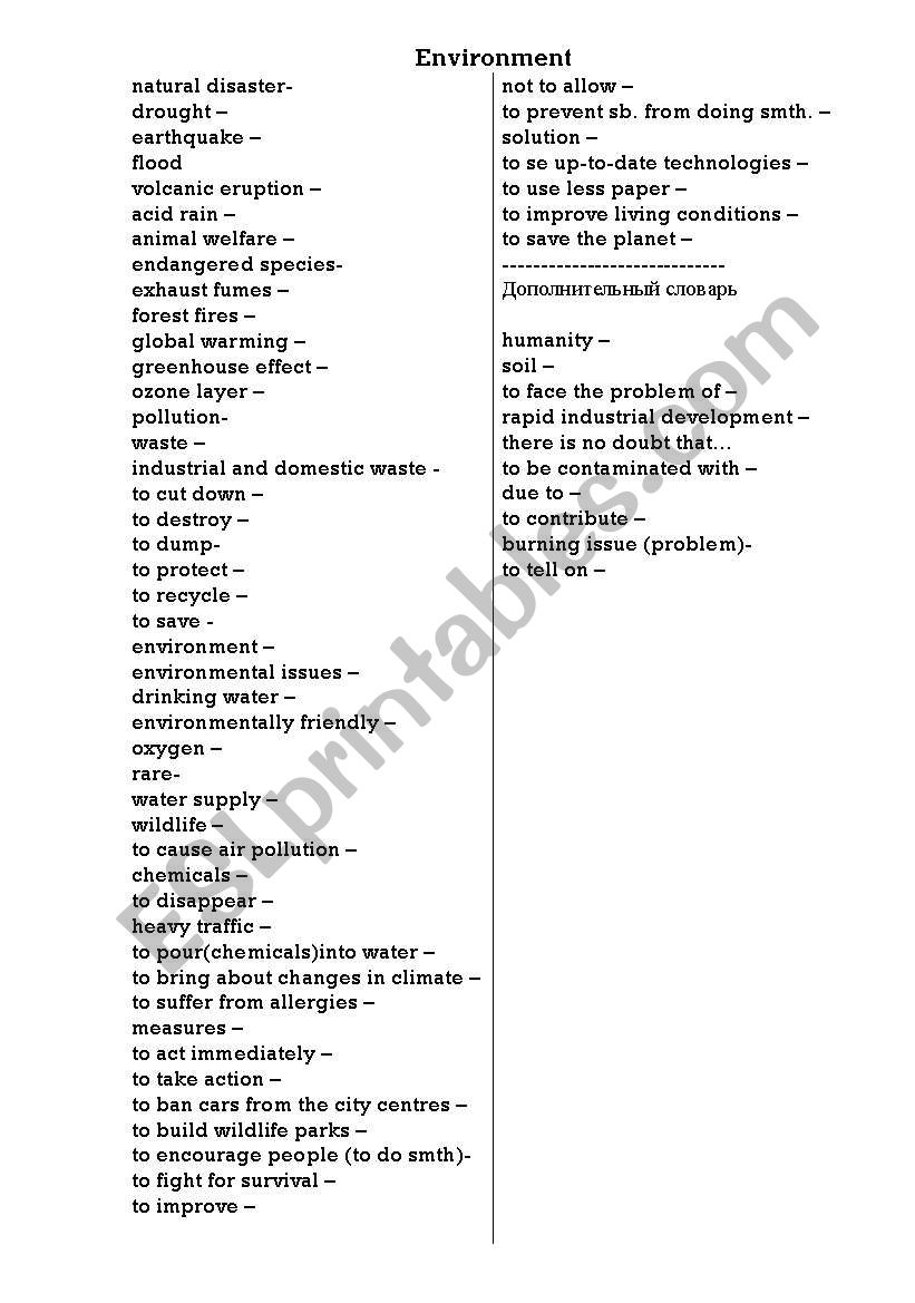 environment worksheet