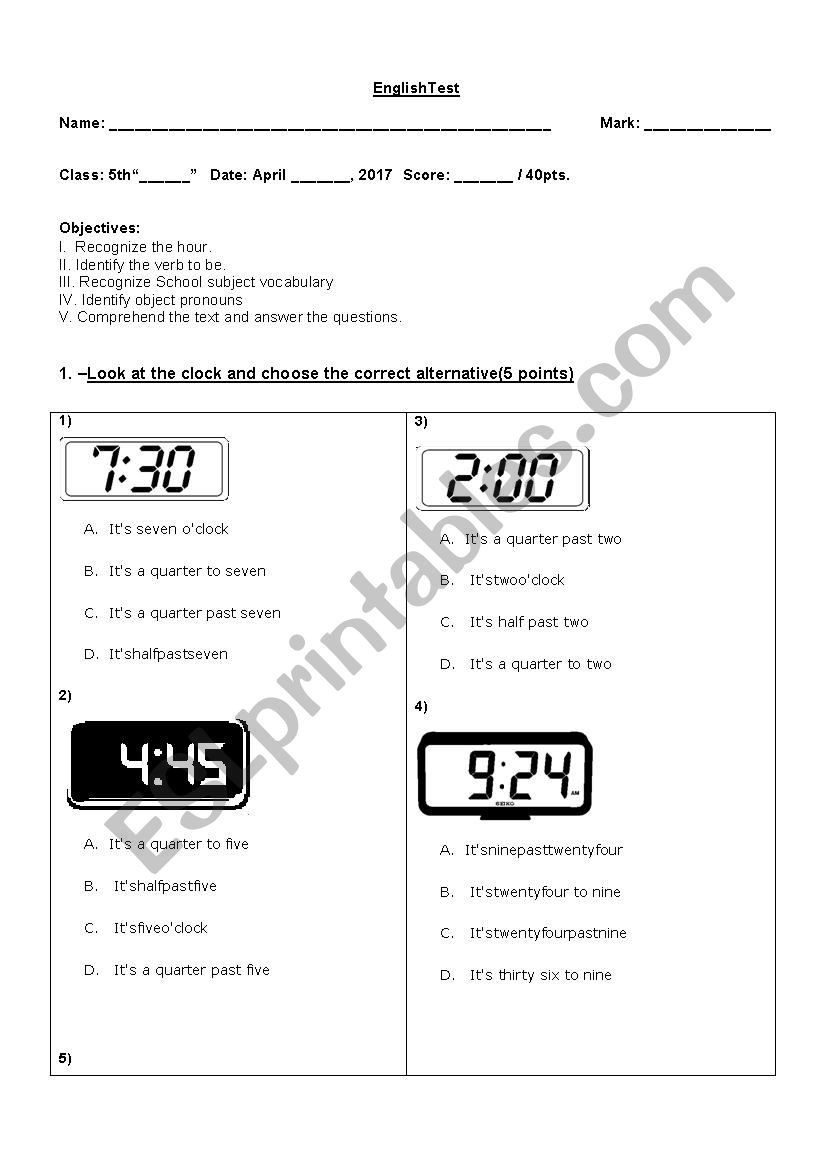 TEST VERB TO BE OBJECT PRONOUNS