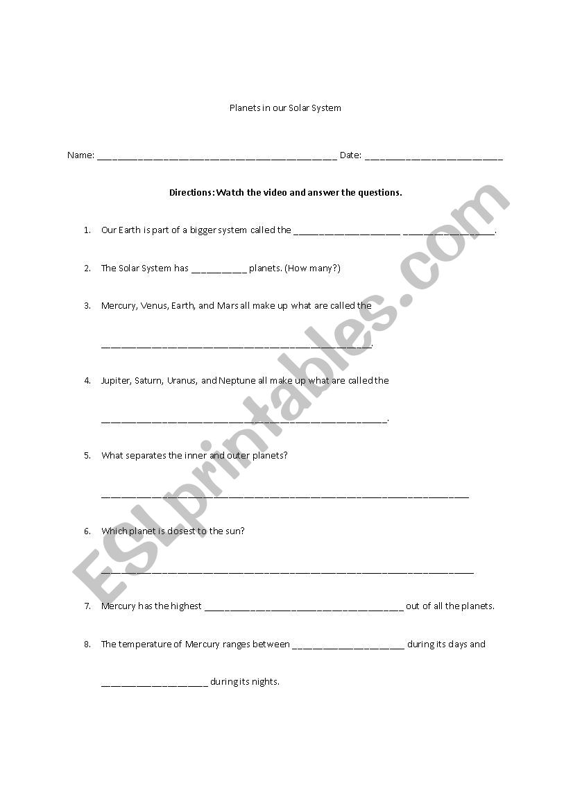 Solar System Questions worksheet