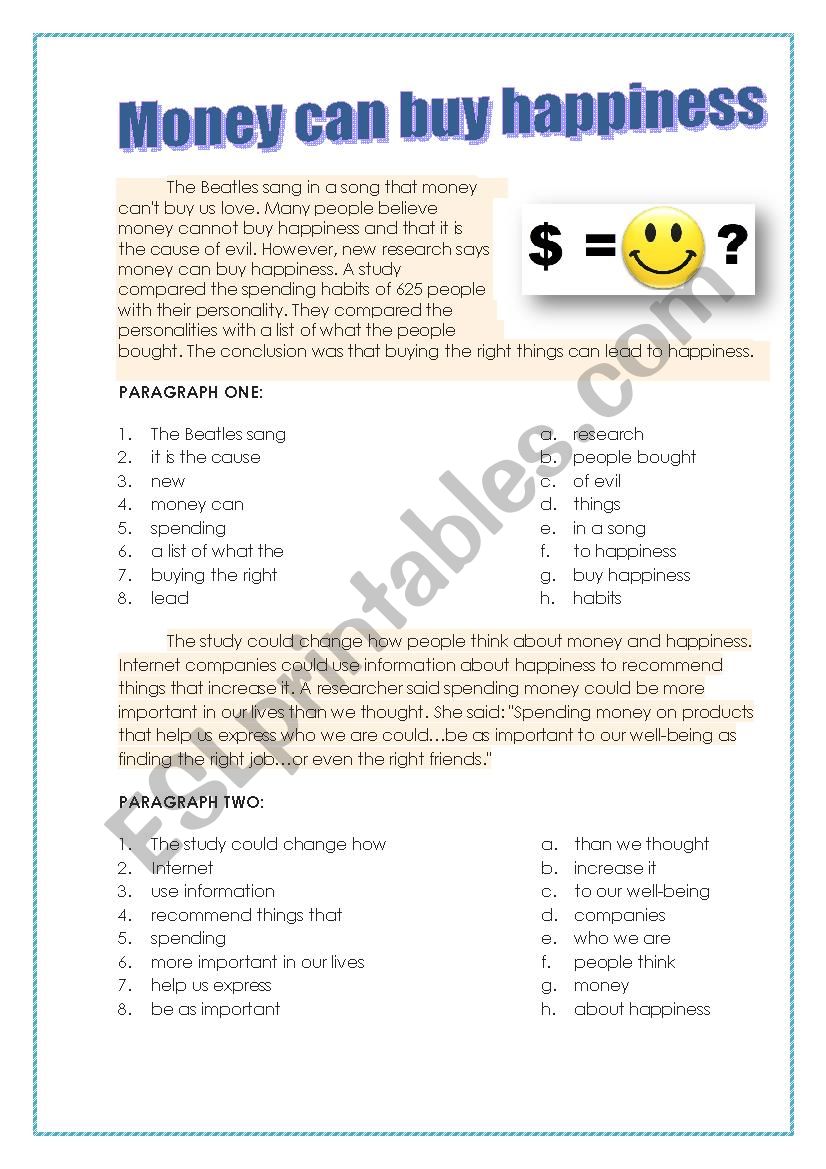 Money can buy happiness  worksheet