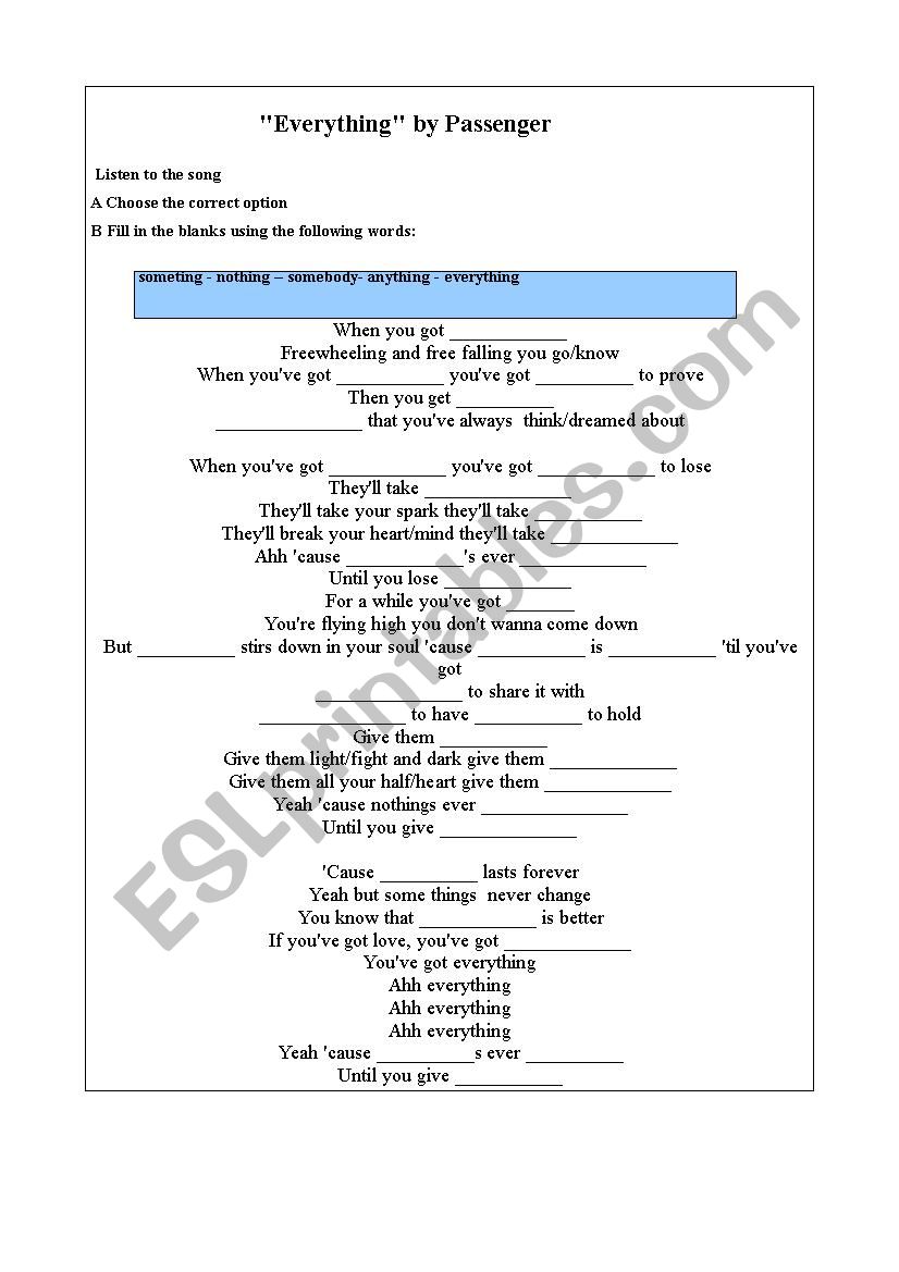 Everything by Passenger worksheet