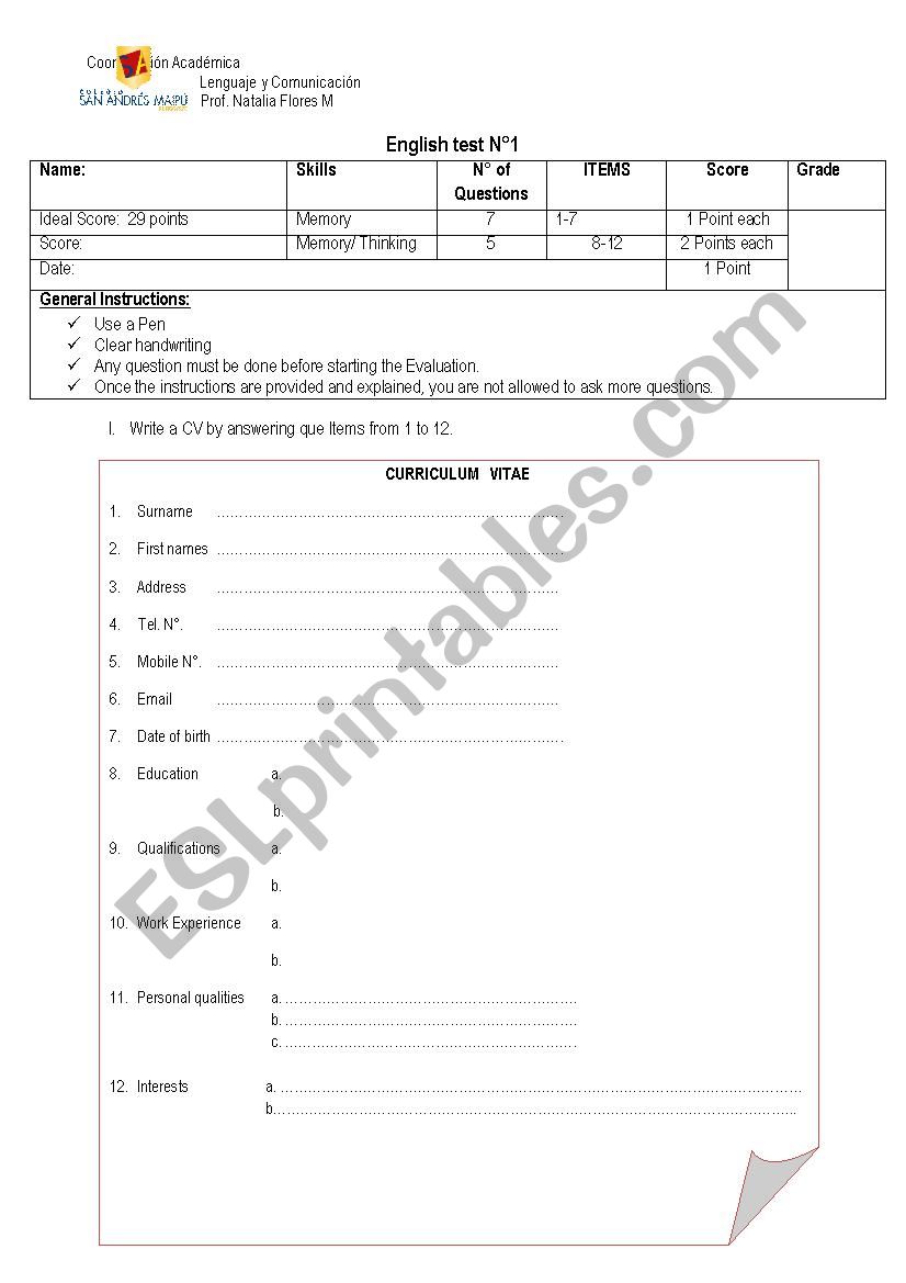 Creating a CV test worksheet