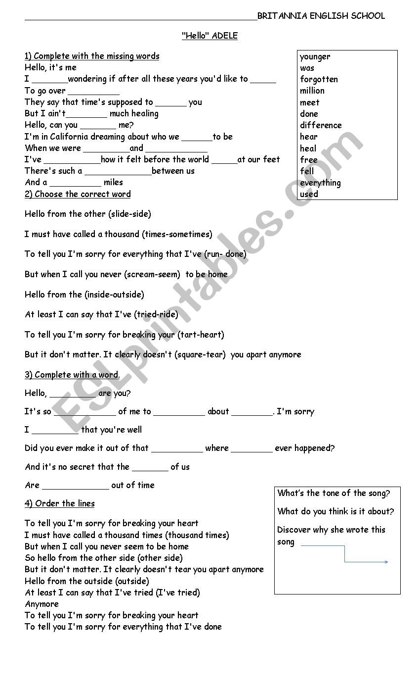 Hello by Adele worksheet