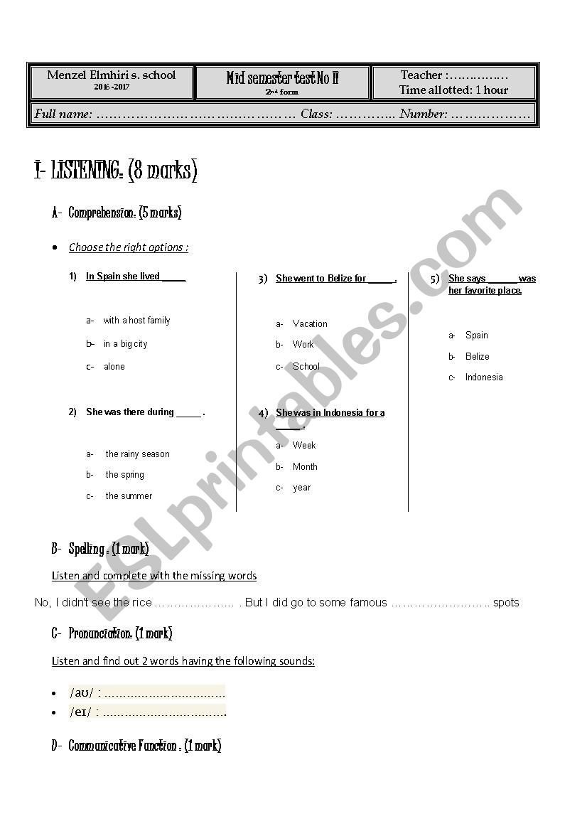 Mid semester test N 2 worksheet