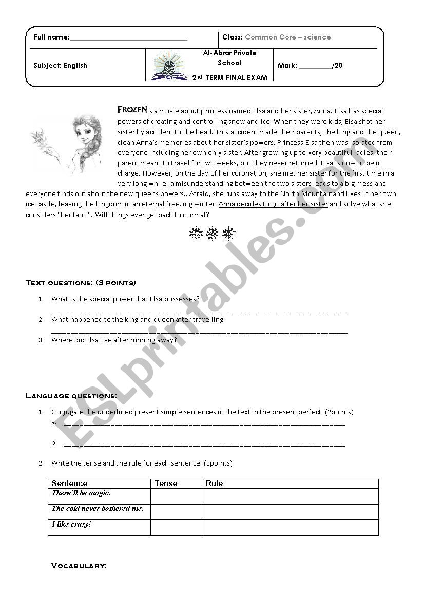 Frozen movie all in one worksheet