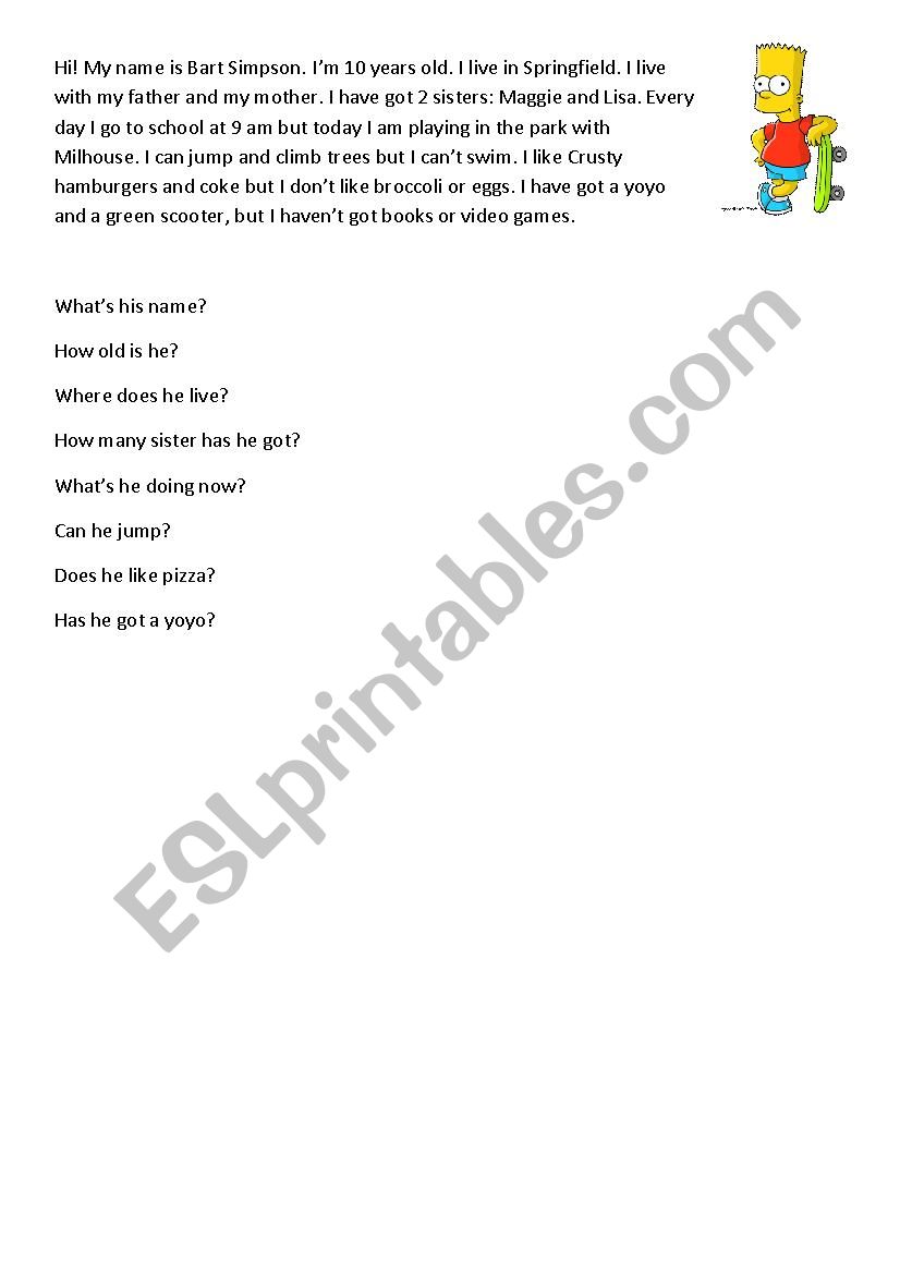 Bart Simpson presentatio worksheet